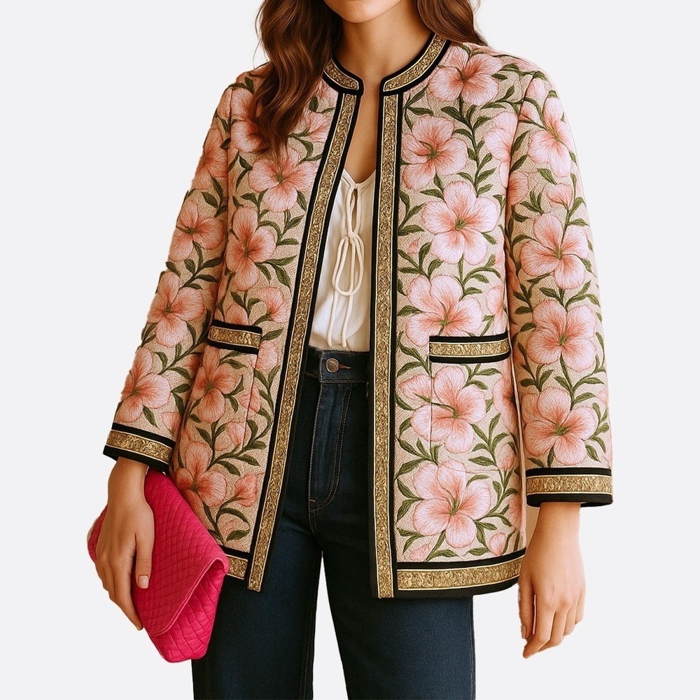 Rare Vintage 100% Silk Floral Embroidered Kimono‎ Jacket M Diwa Pink Boho Chic